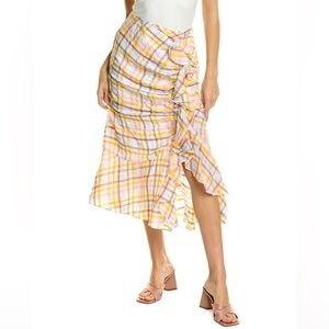 Cinq à Sept Multicolor Plaid Ruffle Midi-Length Pencil Skirt